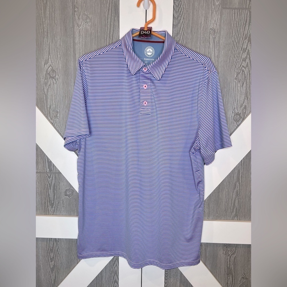 040. Flag & Anthem Men's Blue Pink Striped Performance Polo Shirt Medium